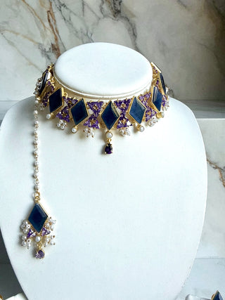 Ameera Sapphire Blue Rhombus Choker Set