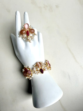 Moonstone & Ruby Pearl Bracelet Set