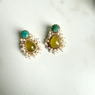 Mint & Yellow Gemstone Pearl Cluster Earrings – Indian Ethnic Statement Studs