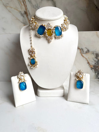 Turquoise Pearl Royale Choker Set with Maang Tikka