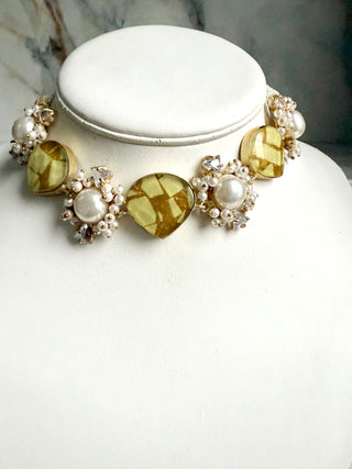 Yellow Stone and Pearl Choker Necklace and Earring Set