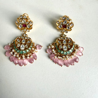 Pink & Mint Green Kundan Semi-Precious Stone Earrings