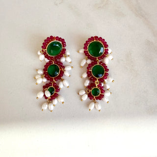 Emerald & Pearl Statement Earrings – Gold Plated Chandeliers