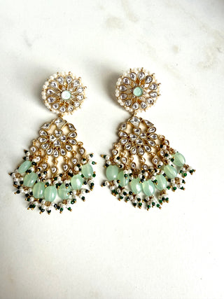 Mint Green Kundan-Style Pearl Fringe Earrings