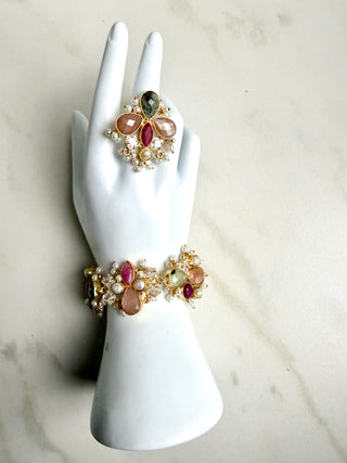 Moonstone, Ruby & Tourmaline Pearl Bracelet Set