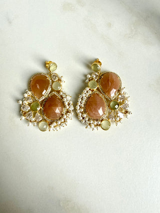 Brown Olive Pearl-Detail Statement Earrings