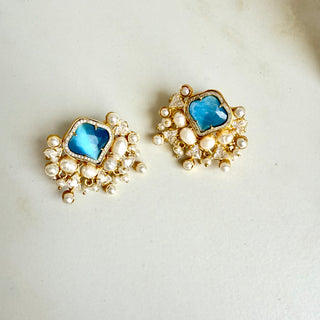 Blue Chalcedony & Pearl Cluster Earrings
