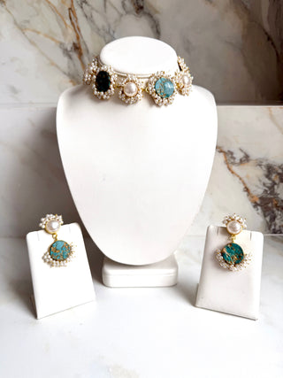 Turquoise Noor Pearl Choker Set – Green