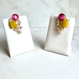 Heer Pink & Lemon Druzy Crystal Drop Earings