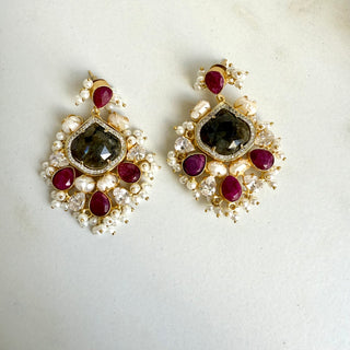 Midnight Ruby & Pearl Cluster Earring
