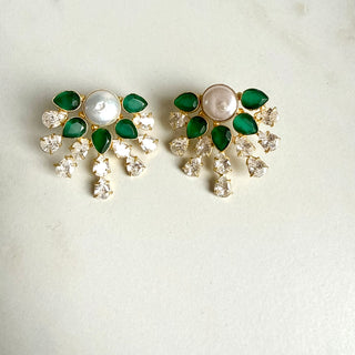 Royal Petal Emerald Pearl Drop Earrings