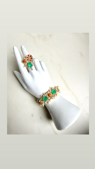 Gulnaar Green Pearl Bracelet With Ring