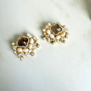Smoky Quartz & Pearl Cluster Earrings