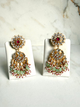 Mint Green & Pink Kundan-Style Chandelier Earrings