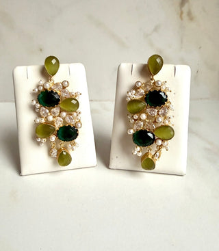 Emerald Olive Pearl Statement Earrings