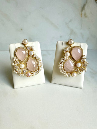 Blush Pink Pearl-Detail Statement Earrings