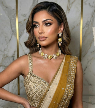 Yellow Stone and Pearl Choker Necklace and Earring Set