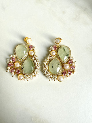 Prehnite & Pink Pearl-Detail Statement Earrings