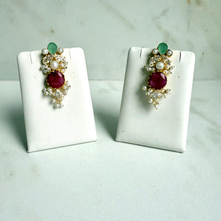 Ruby, Green Onyx & Pearl Drop Earrings