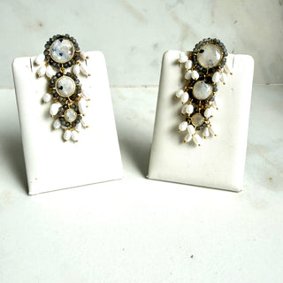 White Gemstone & Pearl Statement Earrings – Gold Plated Chandeliers