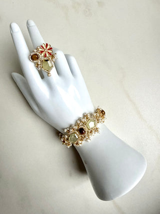 Gulabi Noor Prehnite Gemstone Pearl Haath Phool Indian Bracelt With Ring