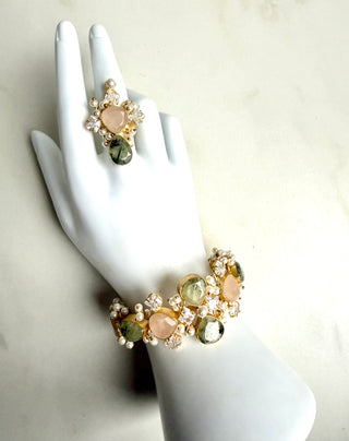 Quartz & Prehnite Stone & Pearl Haath Phool (Bracelet with Ring)