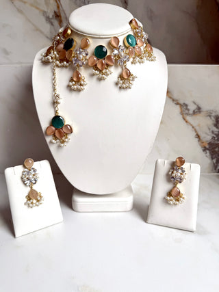 Sabz Rose Quartz & Emerald Choker Set