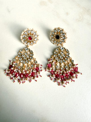 Ruby Pink Kundan Pearl Fringe Earrings