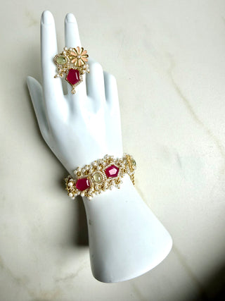 Gulabi Noor Pink & Blue Gemstone Pearl Haath Phool Indian Bracelt With Ring