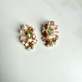 Olive Green & Baby Pink Dual-Tone Cluster Earrings – Designer Pastel Studs