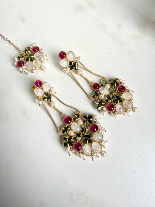 Mahira Ruby Olive Pearl Crystal Tikka Set