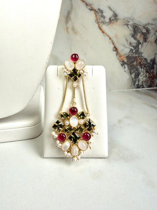 Mahira Ruby Olive Pearl Crystal Tikka Set