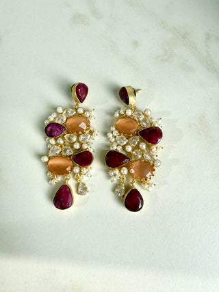 Ruhani Burgundy & Peach Gemstone Statement Earrings