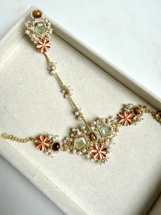 Gulabi Noor Prehnite Gemstone Pearl Haath Phool  With Ring