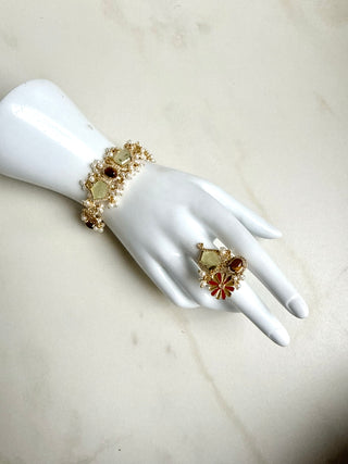 Gulabi Noor Prehnite Gemstone Pearl Haath Phool Indian Bracelt With Ring