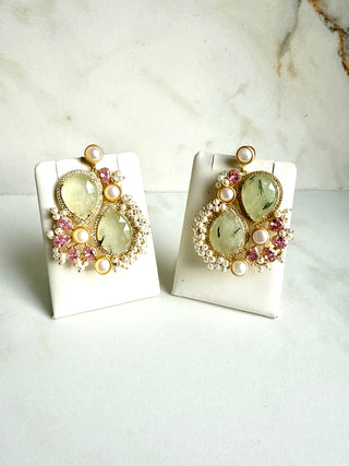 Prehnite & Pink Pearl-Detail Statement Earrings