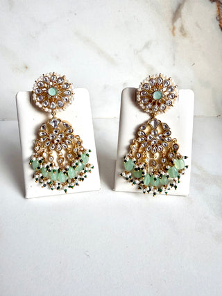 Mint Green Kundan-Style Pearl Fringe Earrings