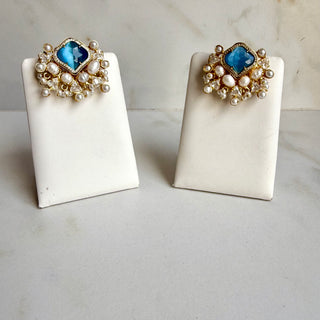 Blue Chalcedony & Pearl Cluster Earrings