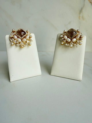 Smoky Quartz & Pearl Cluster Earrings