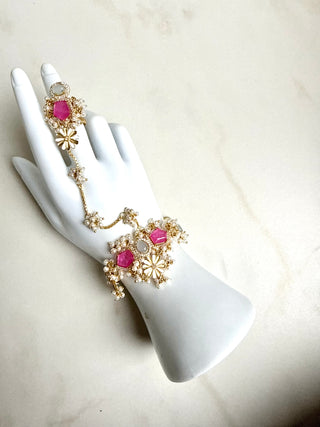 Gulabi Noor Pink Gemstone Pearl Haath Phool | Indian Hand Harness Jewellery