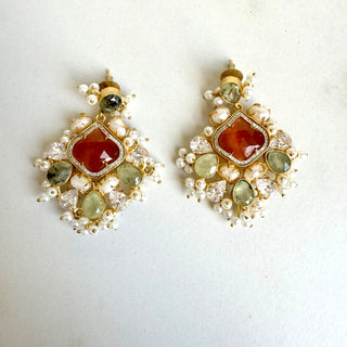 Regal Carnelian & Pearl Cluster Earrings