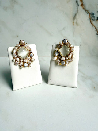 Artisanal White Gemstone & Pearl Cluster Earrings