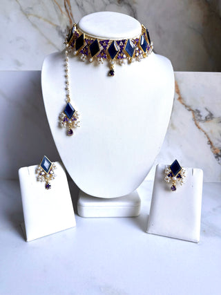 Ameera Sapphire Blue Rhombus Choker Set