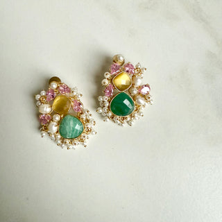 Alara Pastel Gemstone Cluster Earrings Amzonite Yellow Chalcedony & Rose Crystals