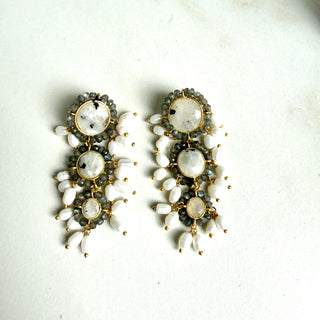 White Gemstone & Pearl Statement Earrings – Gold Plated Chandeliers