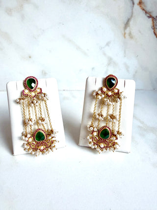 Noor Pearl Cascade Green & Red Earrings