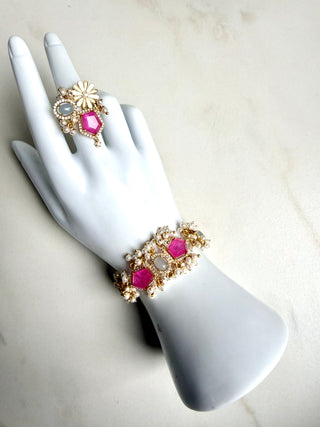 Gulabi Noor Pink Gemstone Pearl Haath Phool Indian Bracelt With Ring
