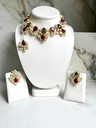 Rajsi Roop Ruby & Prehnite  Quartz Pearl Choker Set