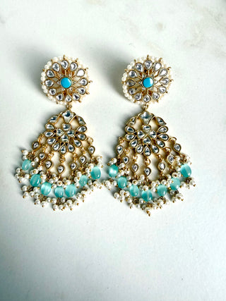 Turquoise Blue Kundan-Style Pearl Fringe Earrings
