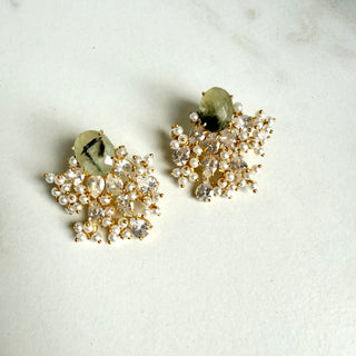 Olive Green Pearl & Crystal Earrings